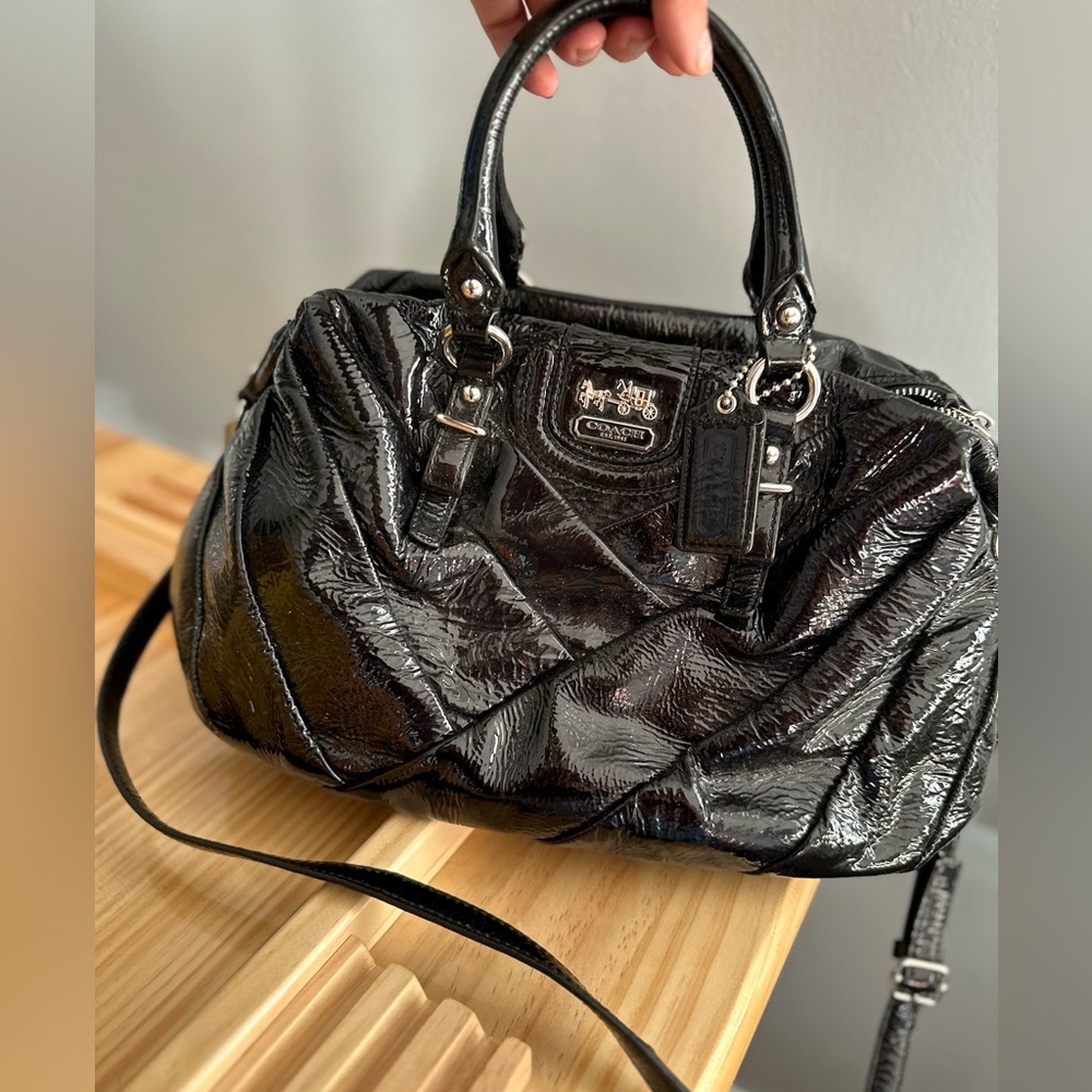 Coach Black Patent Leather Handbag with strap and silver hardware